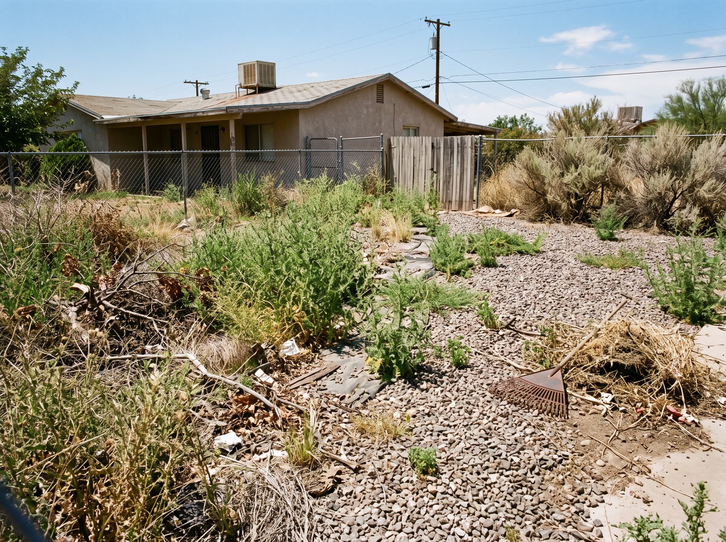 Neglected Arizona gravel yard overgrown with weeds before treatment