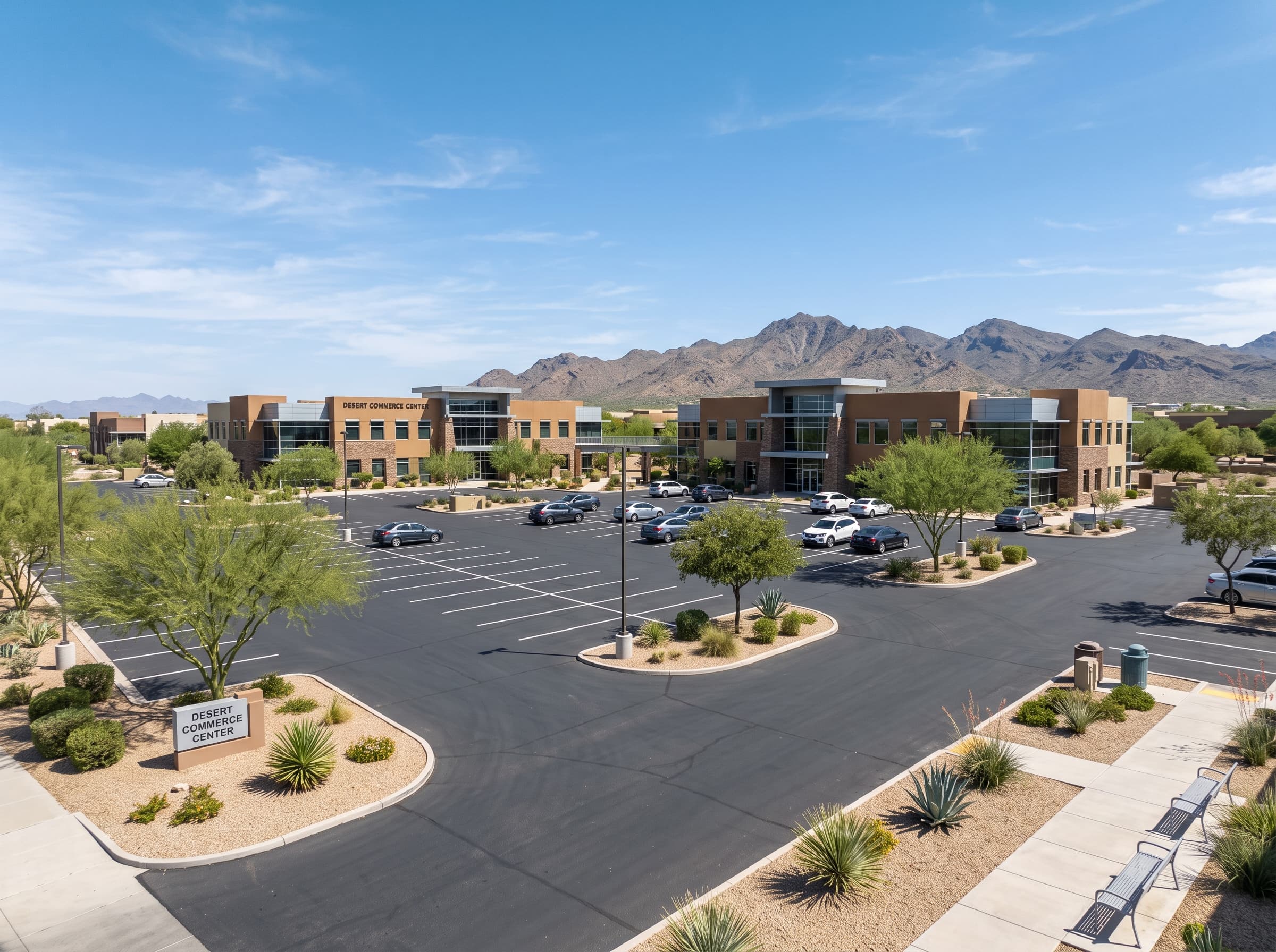 Clean commercial parking-lot medians with weed-free rock and palo verde trees